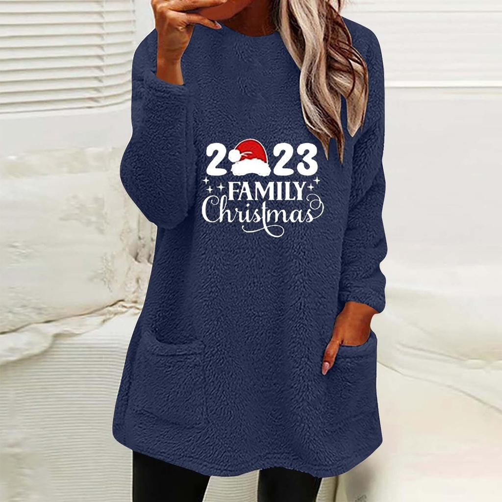 Autumn Winter Women's Christmas Print Round Neck Loose Long Sleeve Pocket Plush Hoodie