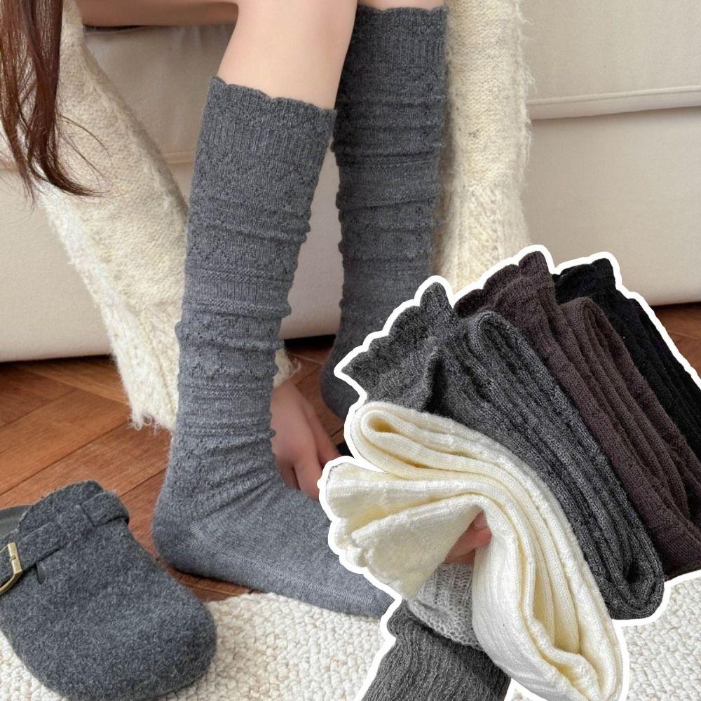 Solid Color Autumn Knitted Socks Elastic Comfortable Women's Long Socks Thicken Breathable Girl's Stacked Socks Autumn/Winter