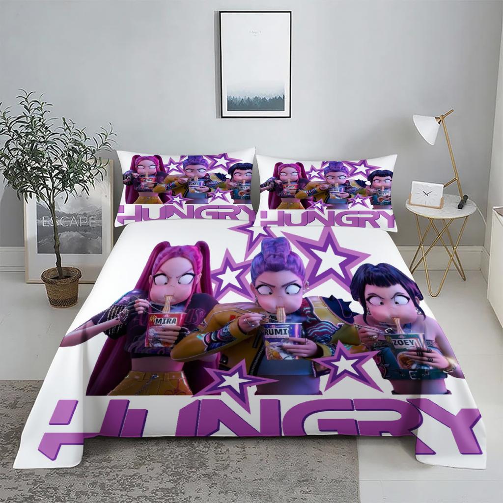 ZOEY D-Demon Hunters K-pop Bed Sheet Set 3D Printed Bed Flat Sheet With Pillowcase Bed Linen King Queen Size