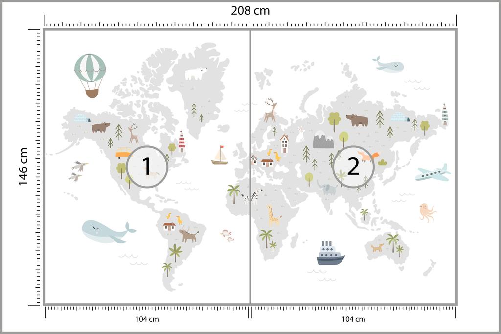 Photomural World Map With Cute Animals In Cartoon Style. Map For Nursery, Kids Room With Nature, Animals, Transports. Skandi Non-Woven 208x146