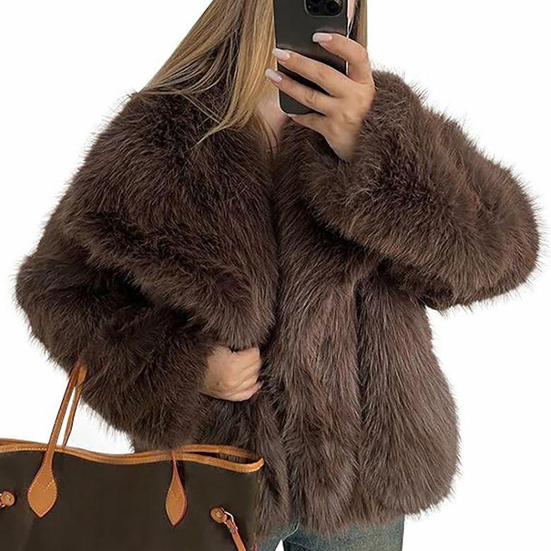 Women's Eco-Friendly Faux Fox Fur Lapel Coat - Short, Loose Fit for Winter 2025.
