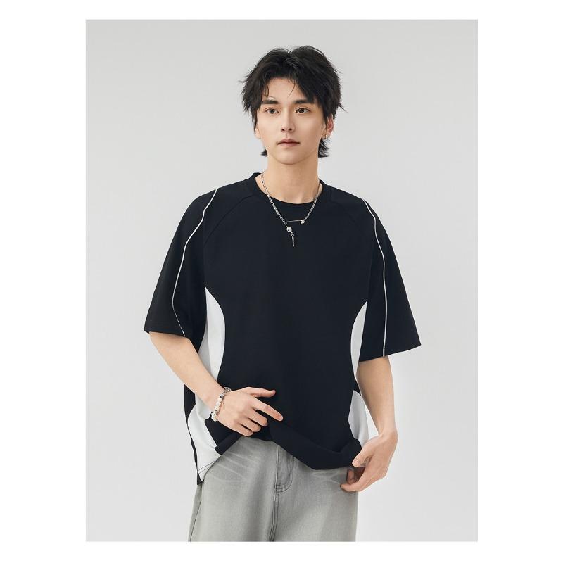 Herren Lockeres Patchwork Kurzarm T-Shirt mit Kontrastfarben Vin