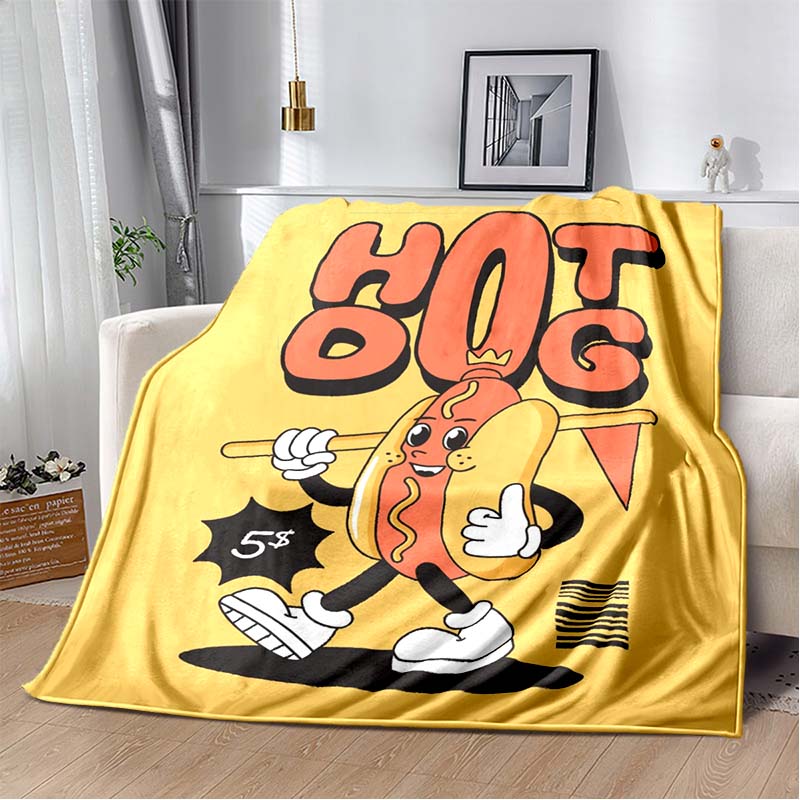 Vintage Cartoon Pizza Character Flannel Blanket Red Checkered Border Soft Fleece Throw For Food Lover Bedroom Sofa Home Decor