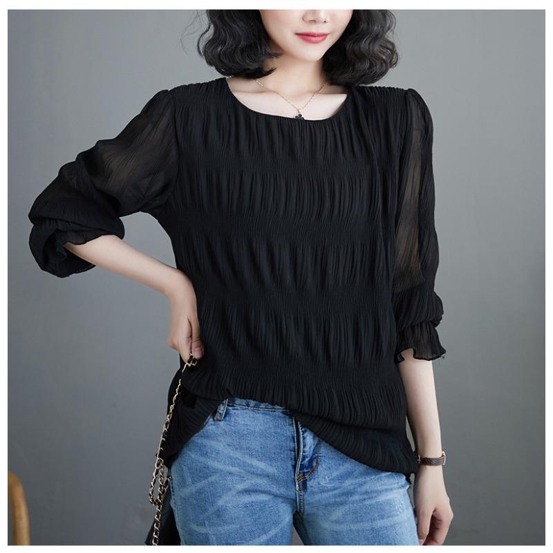

Шифоновая рубашка с плиссированными расклешенными рукавами, женская блузка с круглым вырезом, однотонная свободная универсальная рубашка с длинными рукавами XL чёрный