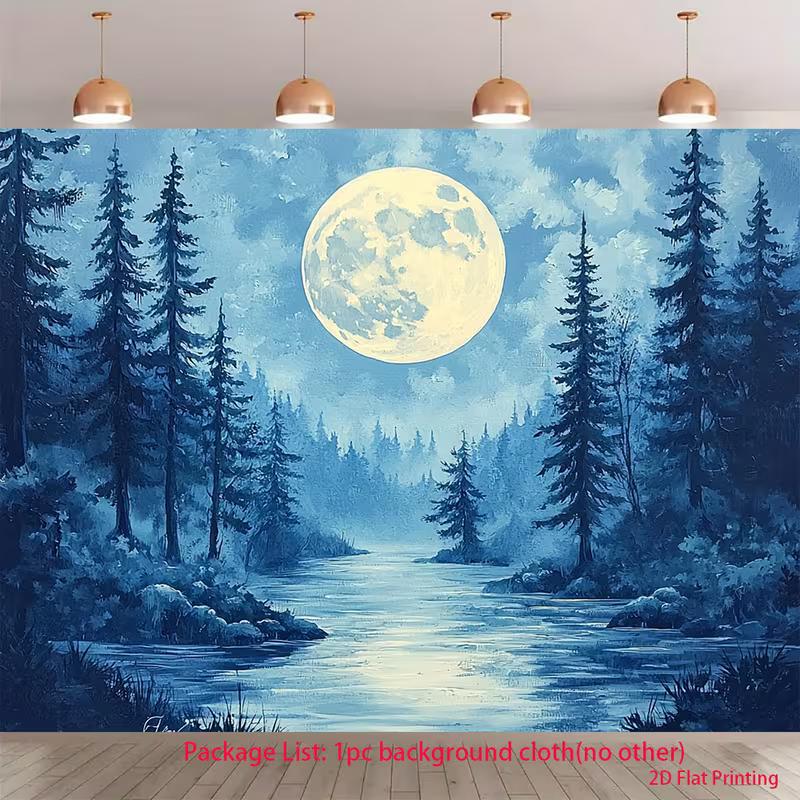

2D Moonlit Forest Lake Backdrop Blue Tone Pine Tree Night Sky Background for Photoshoot 47.2x31.5inch/120*80cm