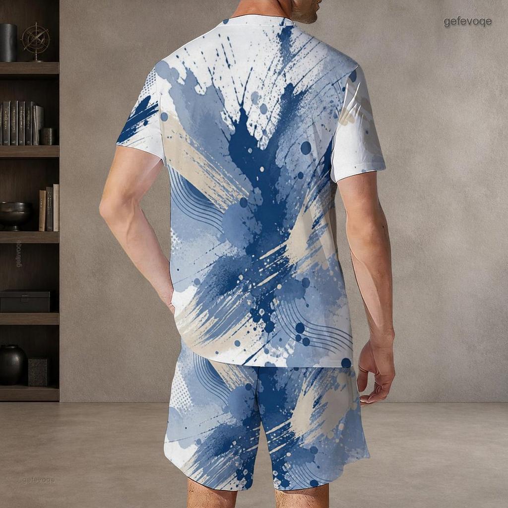 Men Plus Size Colorful Printed Round Neck Short Sleeve Top And Pocket Shorts Two Piece Set