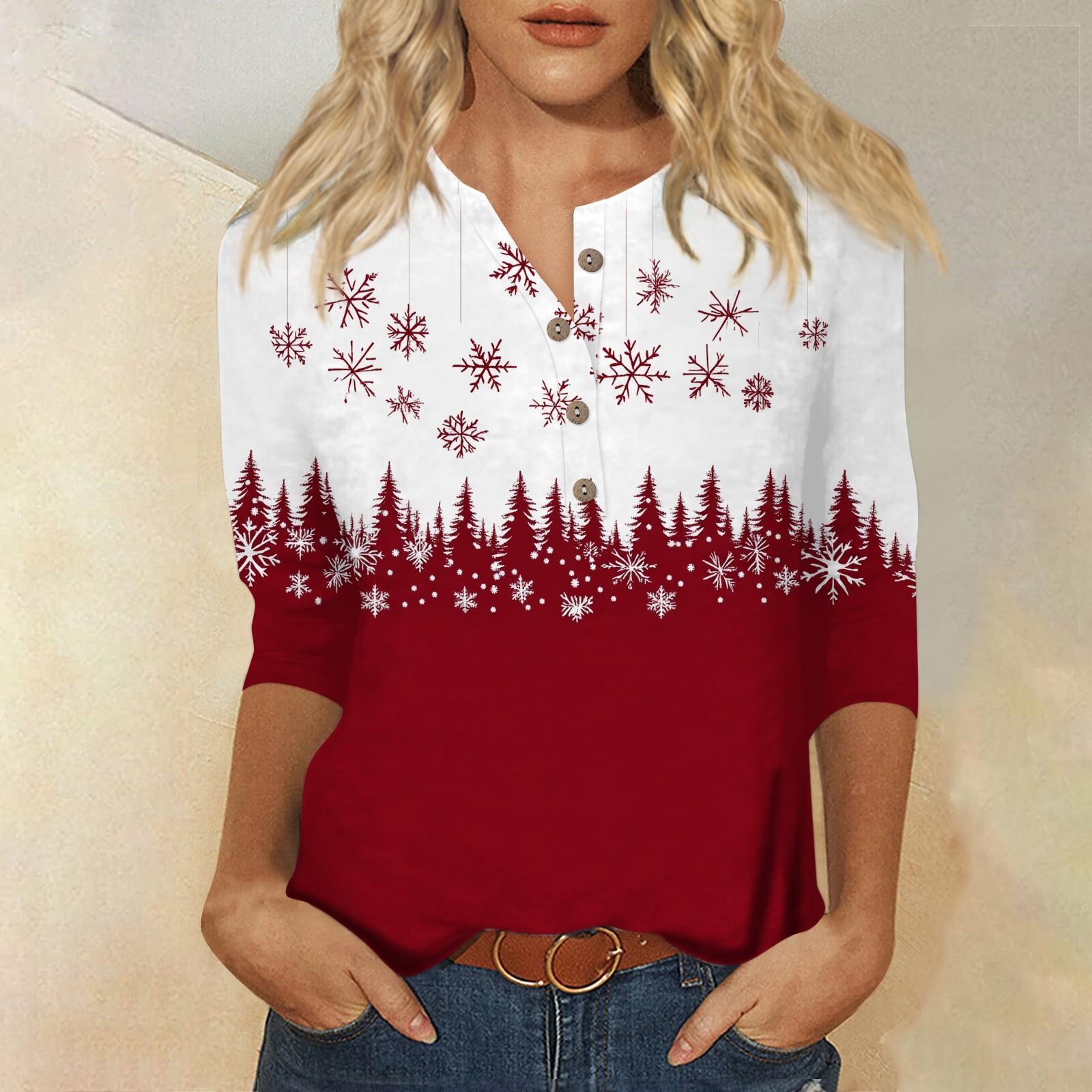 

Женская мода Повседневная новая пуговица с круглым вырезом и рукавами 3/4 Свободная футболка с принтом Женский топ M винный