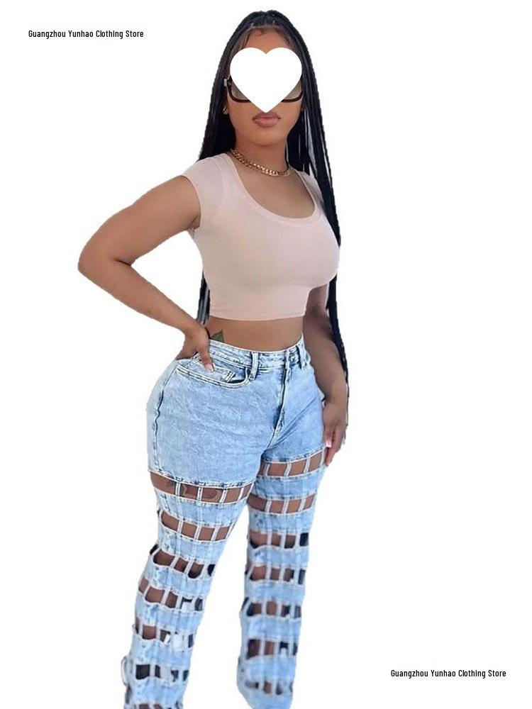 European & American Women's High-Waisted Ripped Jeans - New Street Fashion Hollow Straight-Leg Pants