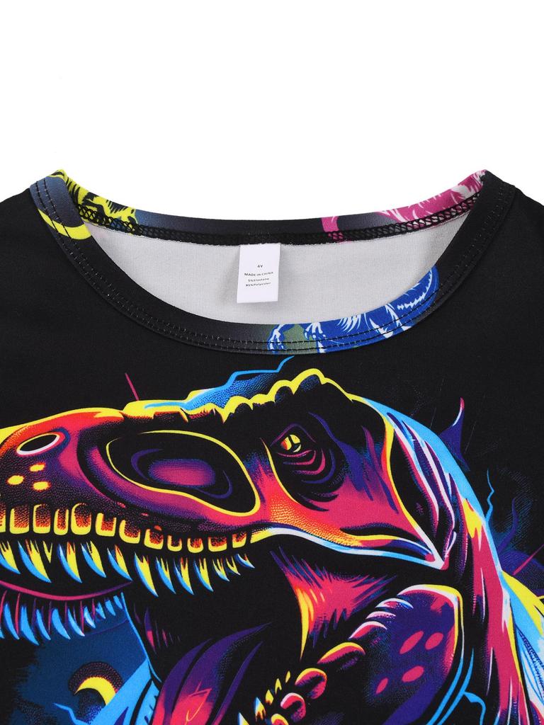 Flame-Retardant Milk Silk Kids' Dinosaur Pajama Set - Green Fluorescent, Long Sleeve & Pants