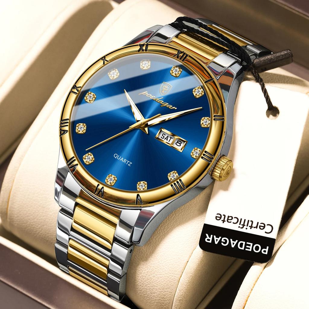 POEDAGAR Top Luxury Watch for Man Date Week Waterproof Luminous Wristwatch Quartz Stainless Steel Men's Watches Sports