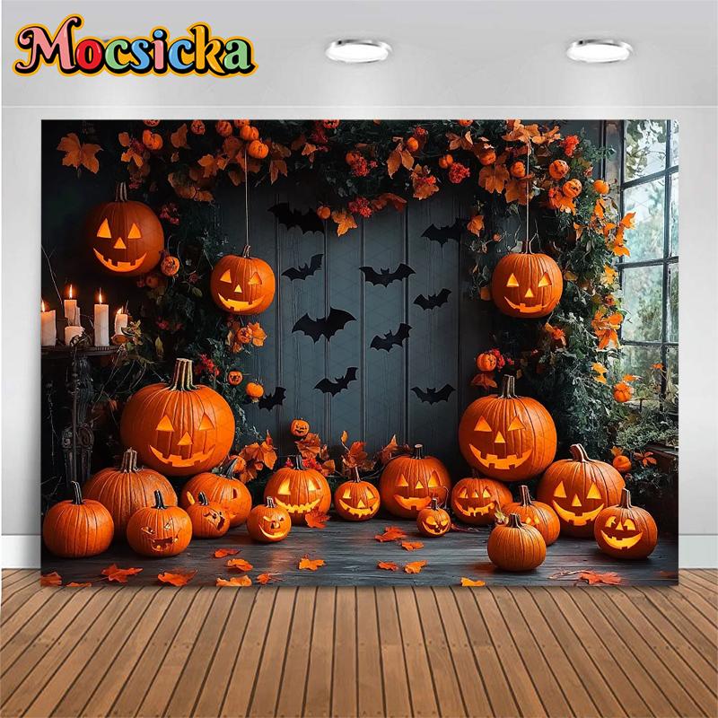 Mocsicka Halloween Backgrounds For Photography Terrible Pumpkin Party Backdrop Bat Flower Jack-O-Lantern Home Decorations Banner
