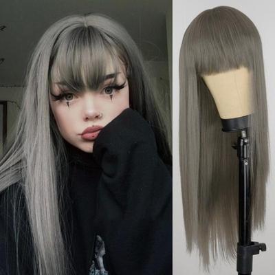 Perruque synthétique longue lisse avec frange, rouge vin, noir, gris, rose, perruque résistante à la chaleur pour femmes, perruque de bal de Cosplay