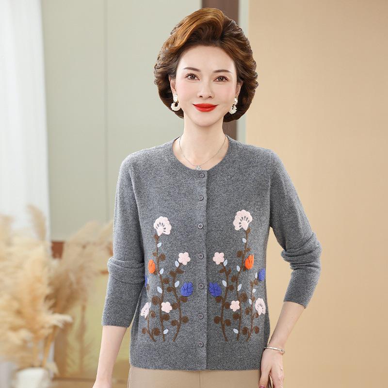 Women's Embroidered Wool Cardigan - Grandma's Warm Round Neck Sweater for Autumn/Winter
