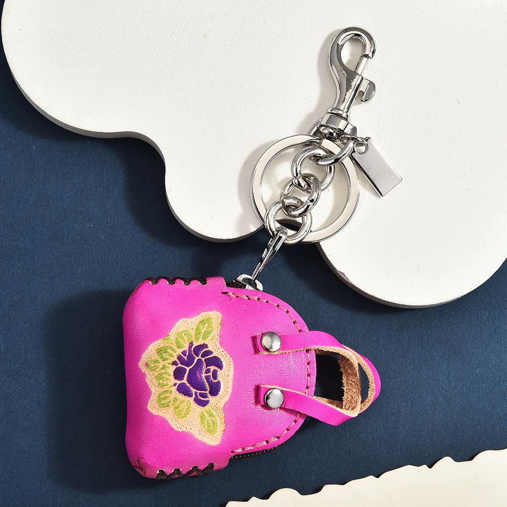 Handmade Leather Small Bag Keychain Retro Leather Bag Pendant Rose Ethnic Style Pendant Change Bag Woman