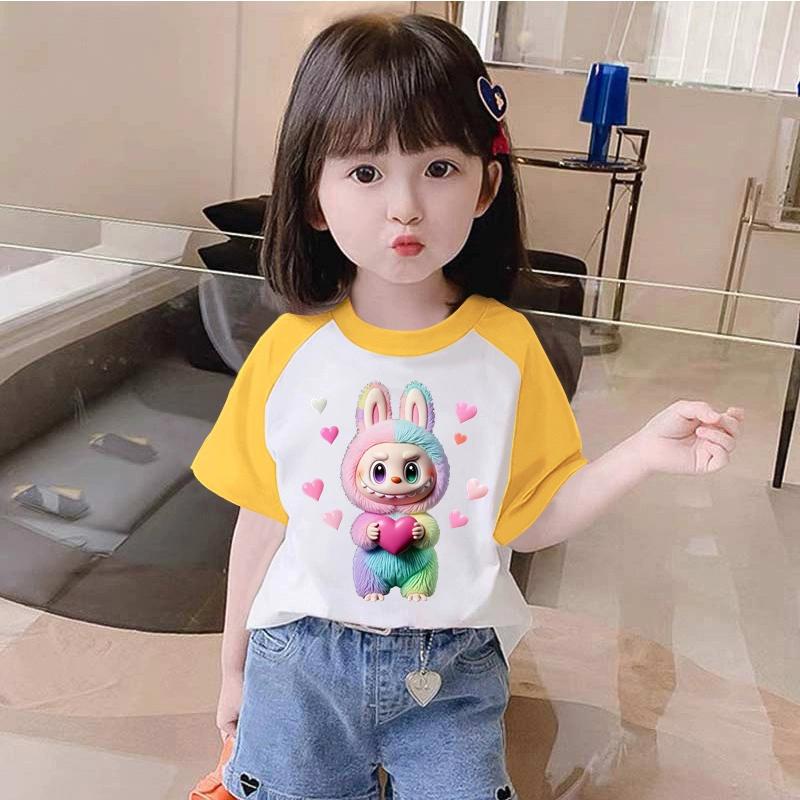 Kawaii Kreslená Labubu Dětské Dospělé Tištěné Tričko Léto Dámské a Pánské Ležérní Outdoorové Dívčí a Chlapecké Trička s Krátkým Rukávem Top