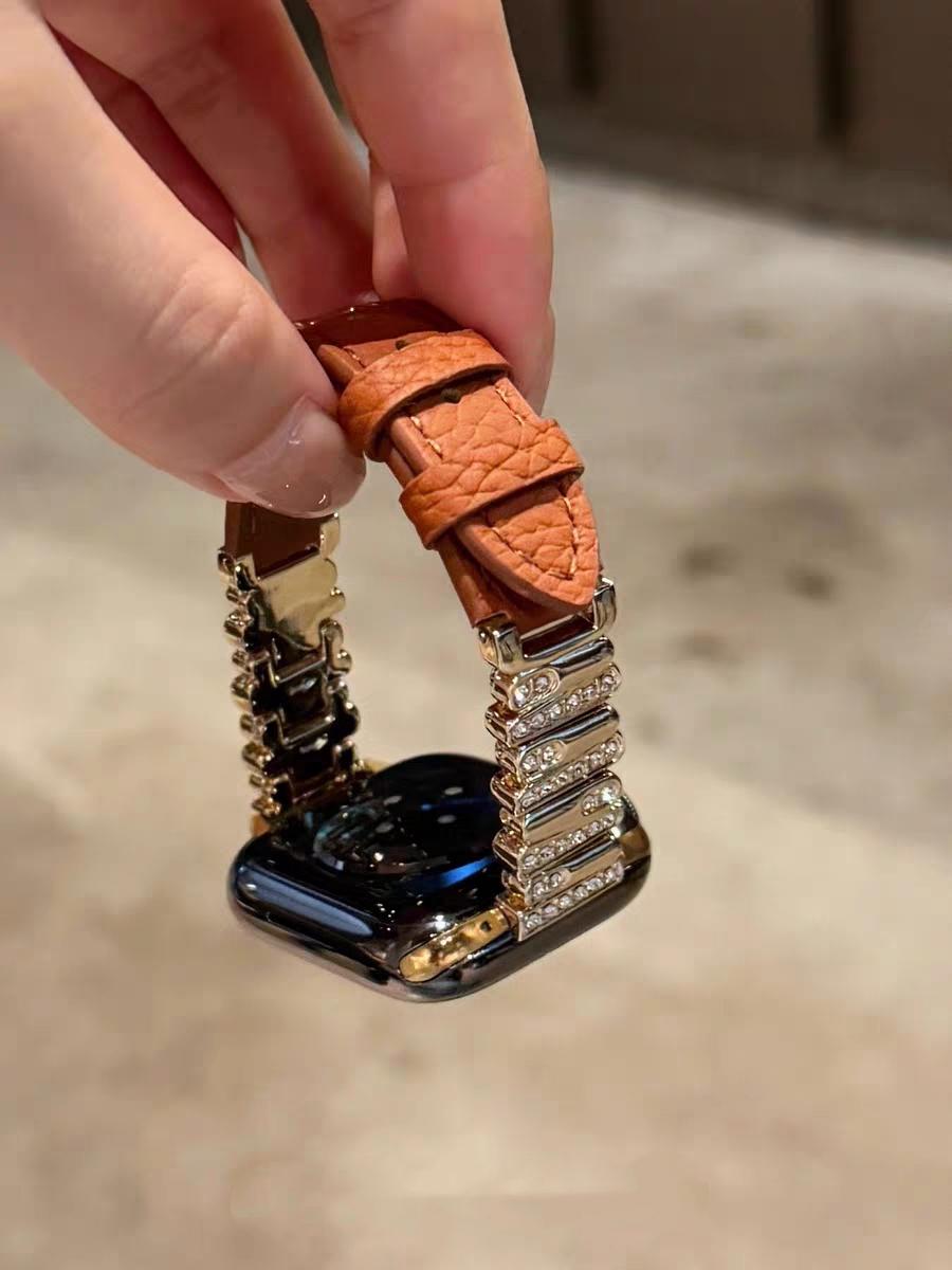 

Superior Bling Leather loop For Apple Watch band women Series Ultra 11/10/9/8/7 40mm 41mm 42mm 44mm 45mm 46mm Strap S10 S11 46MM золотий