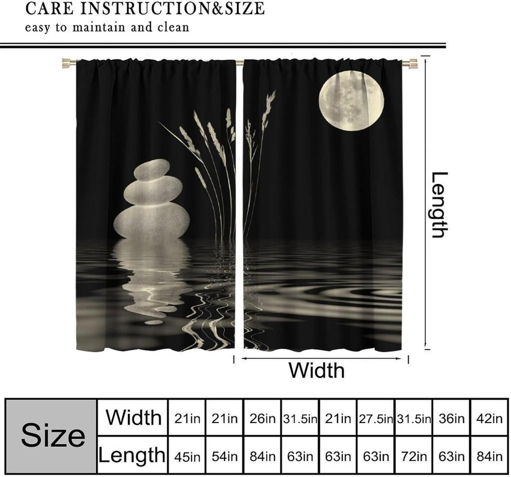 Garden Zen Stone Blackout Curtains Asian Japanese Spa Moon Black Zen Stone Theme Window Drapes for Bedroom Living Room 42" W X