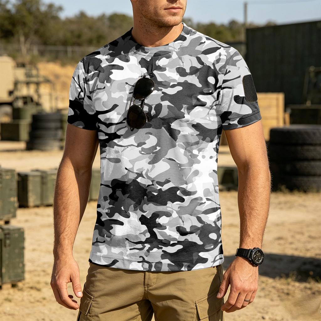 Men's Tactical Outdoor Quick Dry T Shirt Loose Fit Breathable Round Neck Short Sleeve Camouflage Print with Hook and Loop Patch Area
