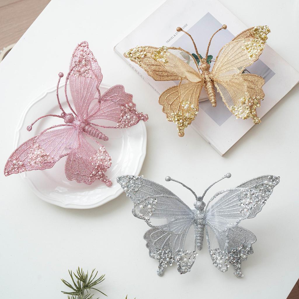 25Cm Sparkling Butterfly Christmas Tree Ornament Handmade Plastic Mesh Elegant Holiday Home Party Decorations