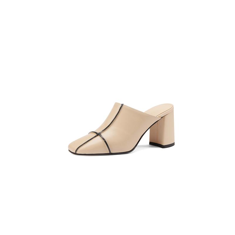 Fashion Women's New Summer European and American Leather Square Headed Thick High Heel Large Size Baotou Slippers