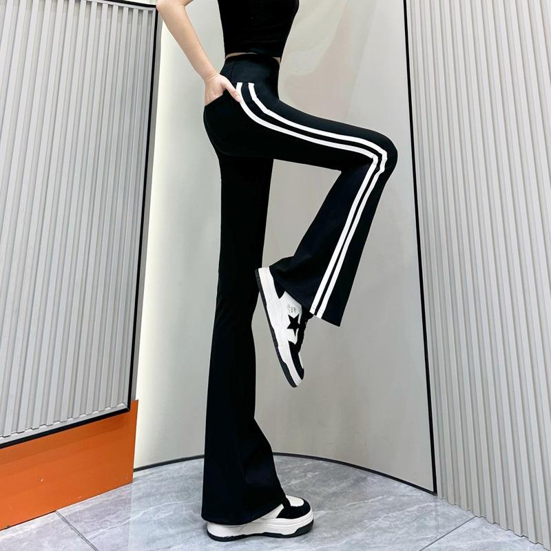 Black Flared Shark Pants for Women, High-waisted Slimming Striped Pants with Pockets, Loose and Stylish Spring/autumn Bell-bottom Pants