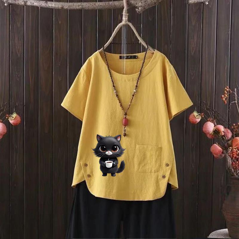 Cat Print V-neck Cotton Hemp T-shirt for Women - 2025 Summer Chic & Versatile
