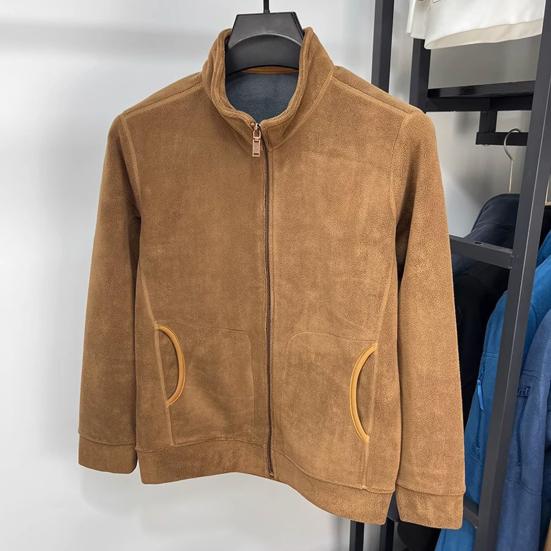 Men Coat Stand-Up Collar Long Sleeve Zipper Closure Polar Fleece Jacket