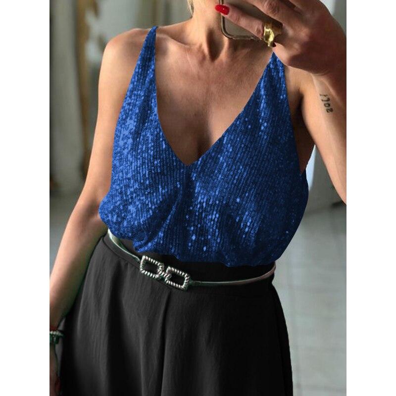 2023 Sommer Ermeløs Party Skjorte Mote Y2k V-hals Sexy Skinnende Topp Kvinner Ensfarget Camis Løs Streetwear Jente 25937
