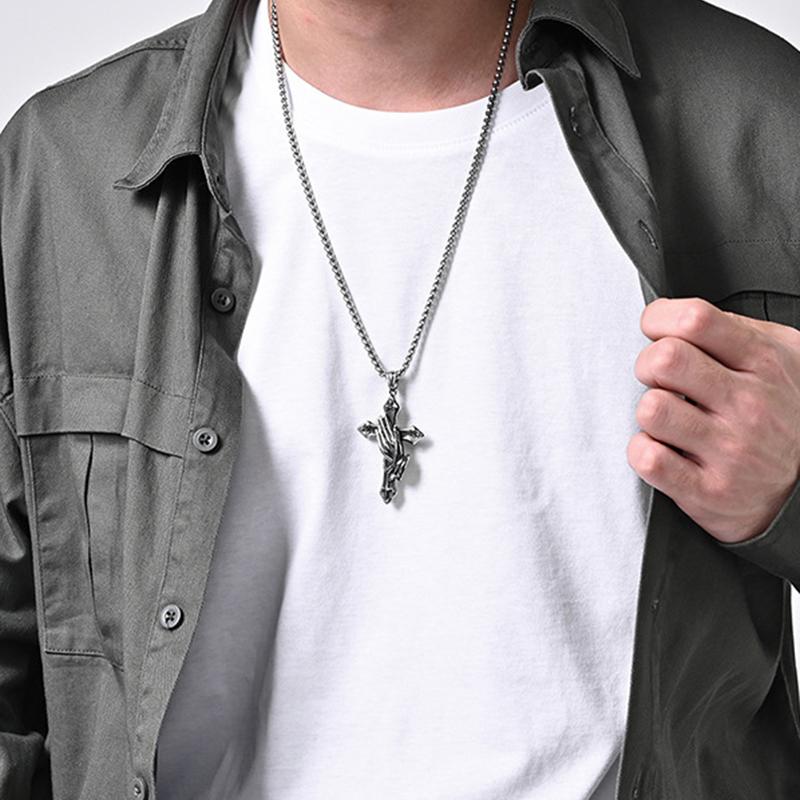 Vintage Praying Hands Cross Pendant Necklace Hip-hop Stainless Steel Chain Neck Accessories Hip Hop Rock Jewelry Gifts