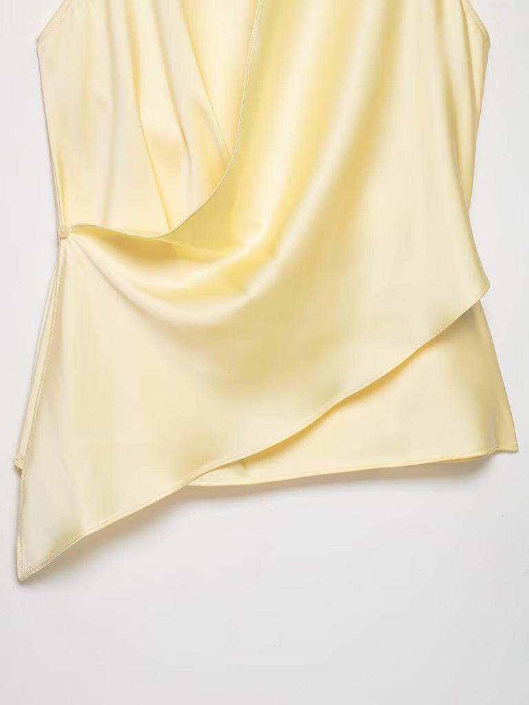 Women's Spring 2026 French Style Silk Satin Asymmetrical Halter Neck Sleeveless Top