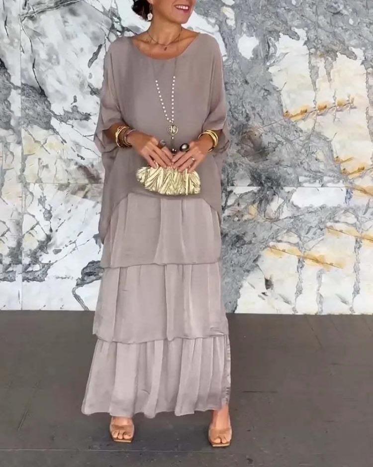 Elegant Chiffon Fashion Trendy Mesh Bat Sleeve Maxi Long Dress