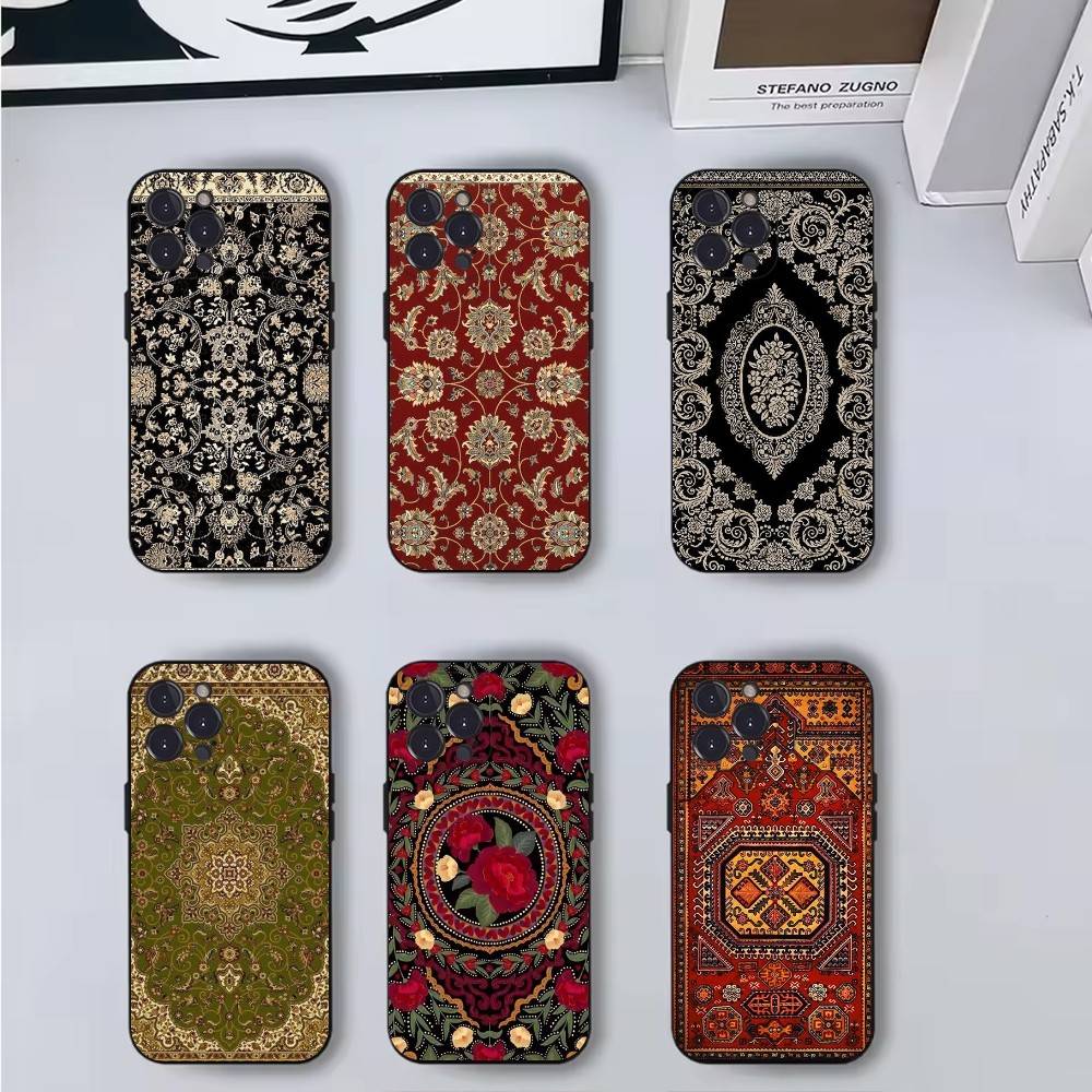 Persian Carpet Floral Pattern Phone Case Phone Case For iPhone 16,15,14,13,12,11,Pro,X,XS,Max,XR,Plus,Mini Soft Black Cover