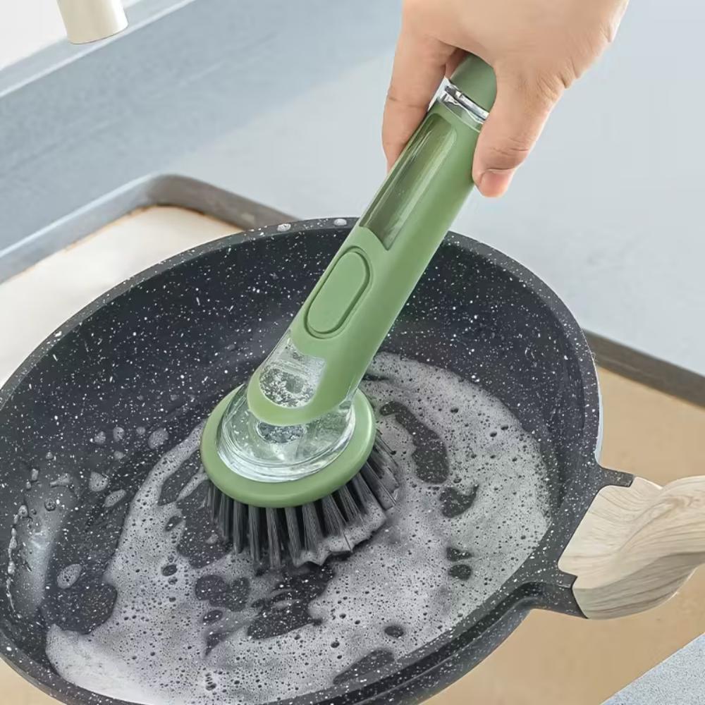 2 In 1 Press Type Automatic Liquid Outlet Cleaning Brush With Replaceable Head For Kitchen Cleaning Pots Pans Soap Dispenser
