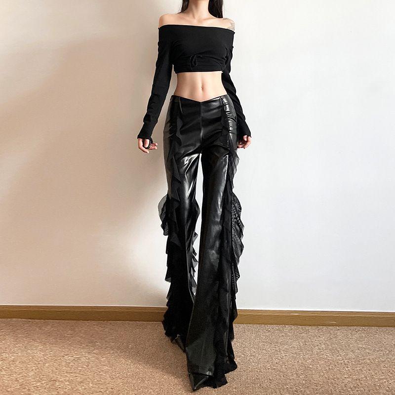 Leather Flared Pants High Waist Street Fashion Sexy Mesh Patchwork Design PU Leather Bootleg Pants