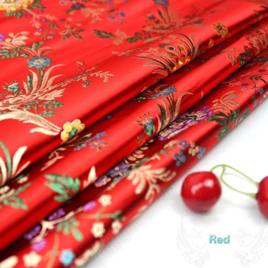 Tissu Satin Faux Soie Floral Damas Brocart Ethnique - Vente Au Mètre, Motif Rouge, Neuf Pour Couture