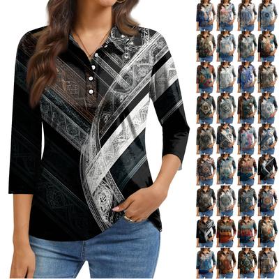 Women's Fashion Casual Lapel Short 3/4 Sleeve Print Shirt Women's Button Up Tops