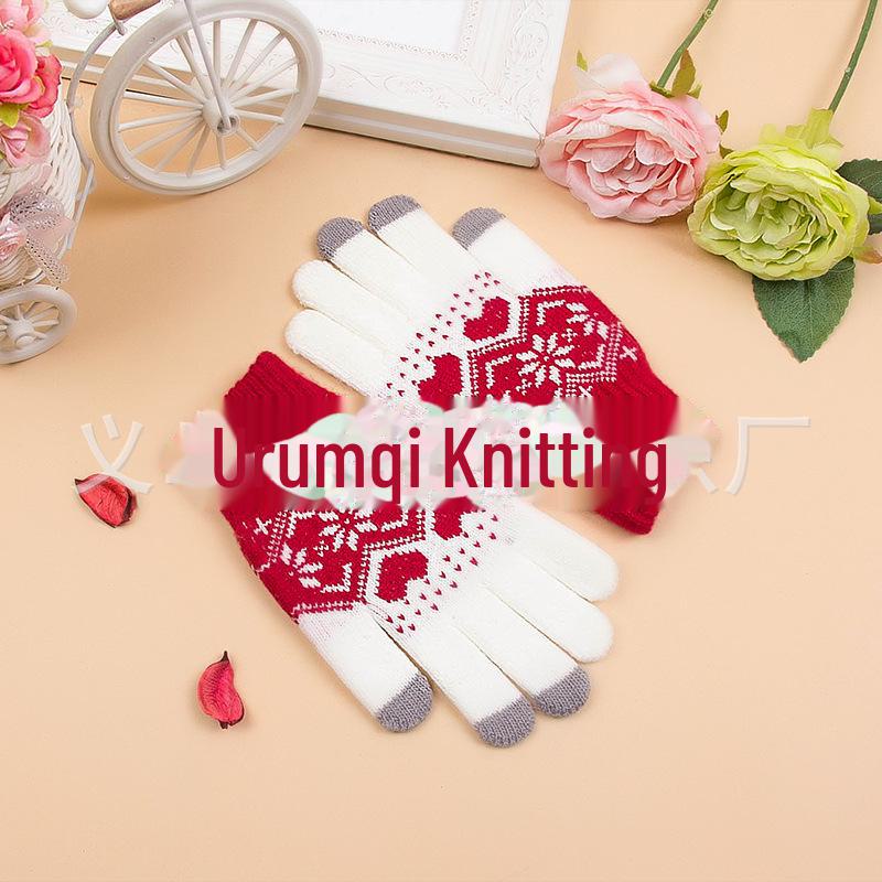 Women's Knitted Snowflake Touch Screen Gloves with Velvet Lining - Warm Wool Winter Gloves