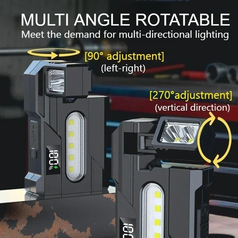 EDC Rotatable Work Light Type-C Rechargeable Magnetic Flashlight Outdoor Portable Emergency Warning Lamp Clip Torch For Camping Fishing