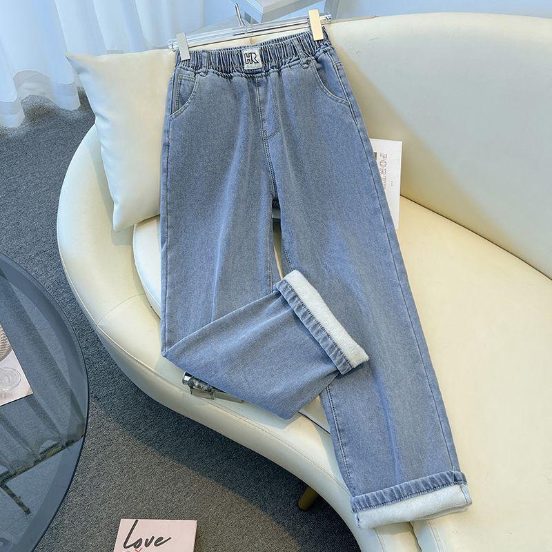 Women's Light Blue Plush Elastic Waist Wide-Leg Jeans, 2025 Spring/Autumn, Thickened, 9/10 Straight Leg.