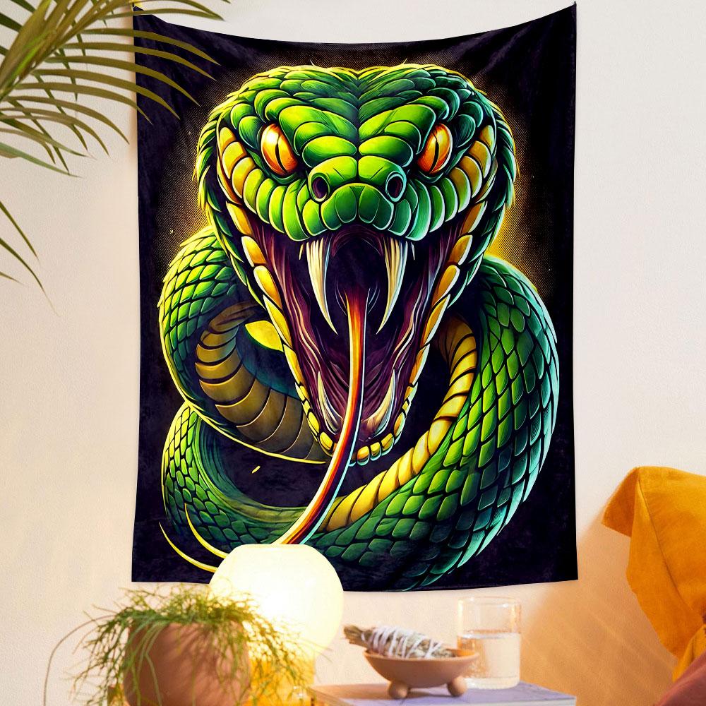 Ferocious Green Snake Artwork Patterned Tapestry Decorative Wall Hanging, Home Bedroom Living Room Decor