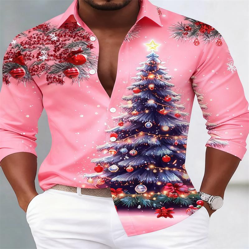 2026 Men's Christmas Tree Printed Men's Button Pocket Long Sleeve Shirt Large and Tall