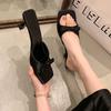 2025 Summer Square Head Open Toe Solid Color Bow Thin Heel Simple Versatile Women's High Heel Cool Slippers