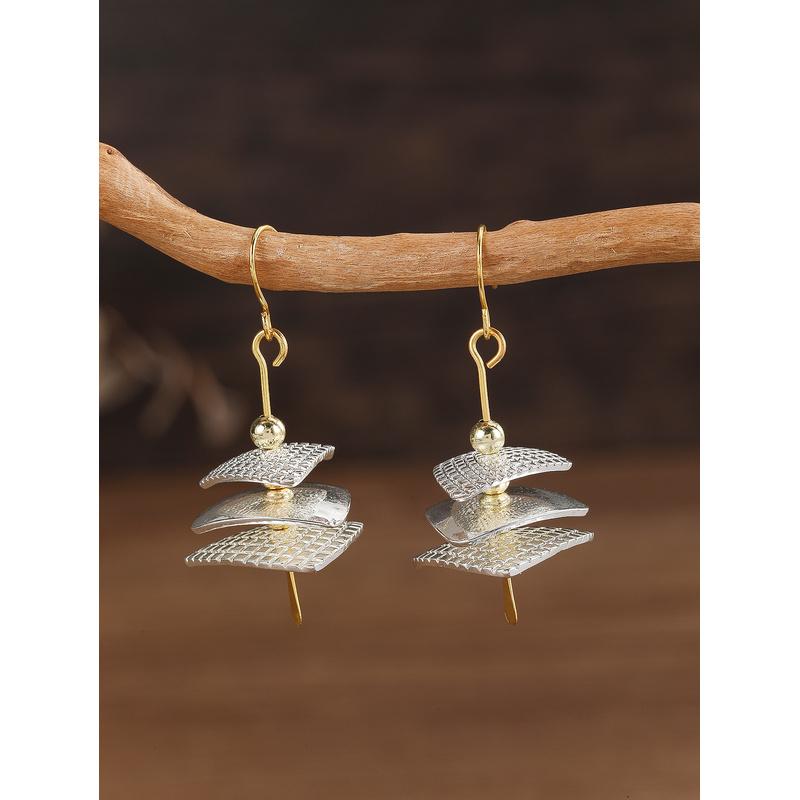 Able Ethnic Style Layered Square Long Pendant Earrings, Two Tone Women's Minimalist Jewelry