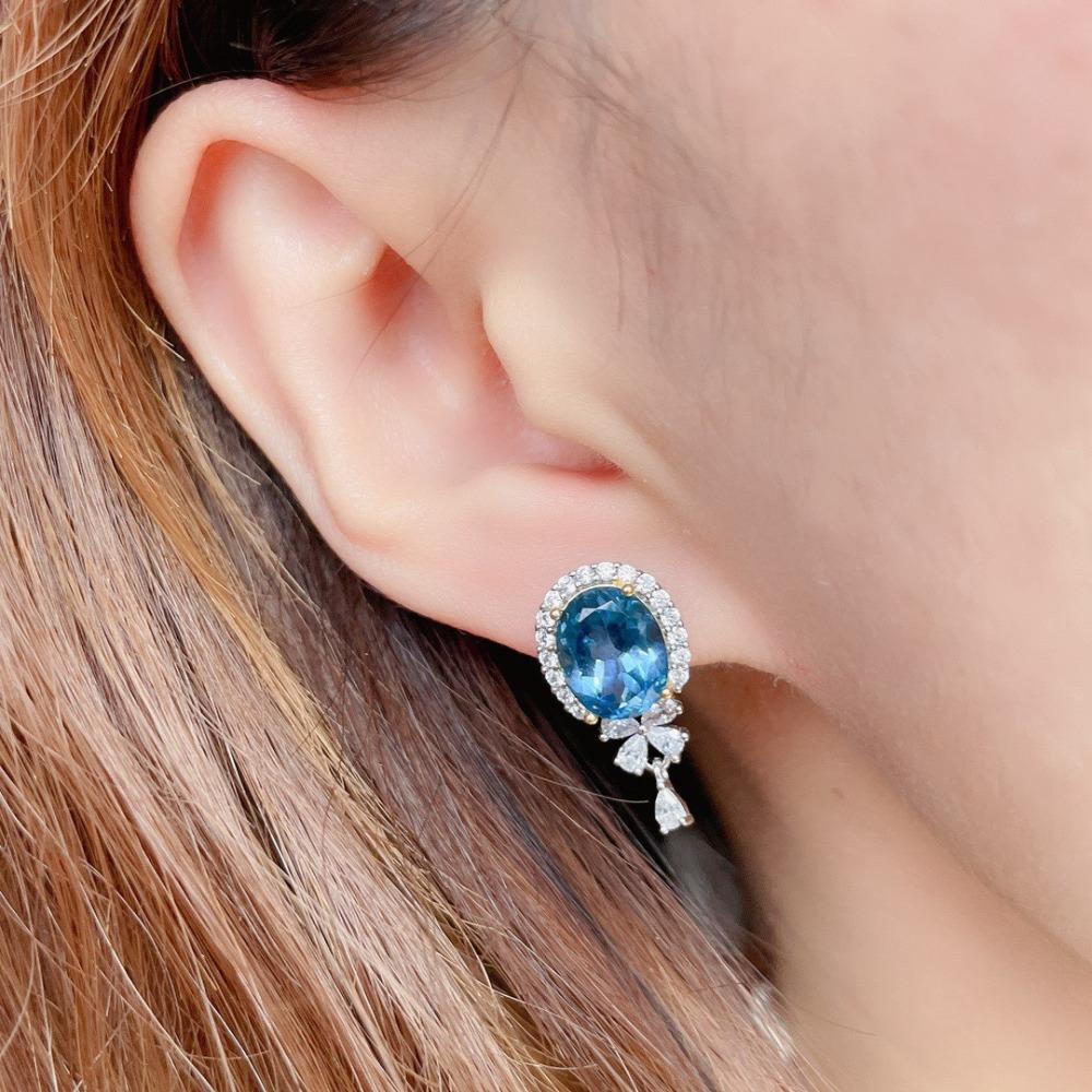 Imitation London Blue Topaz Earrings Women Elegant Sparkling Aquamarine Stud Earrings Luxury Fashion Jewelry