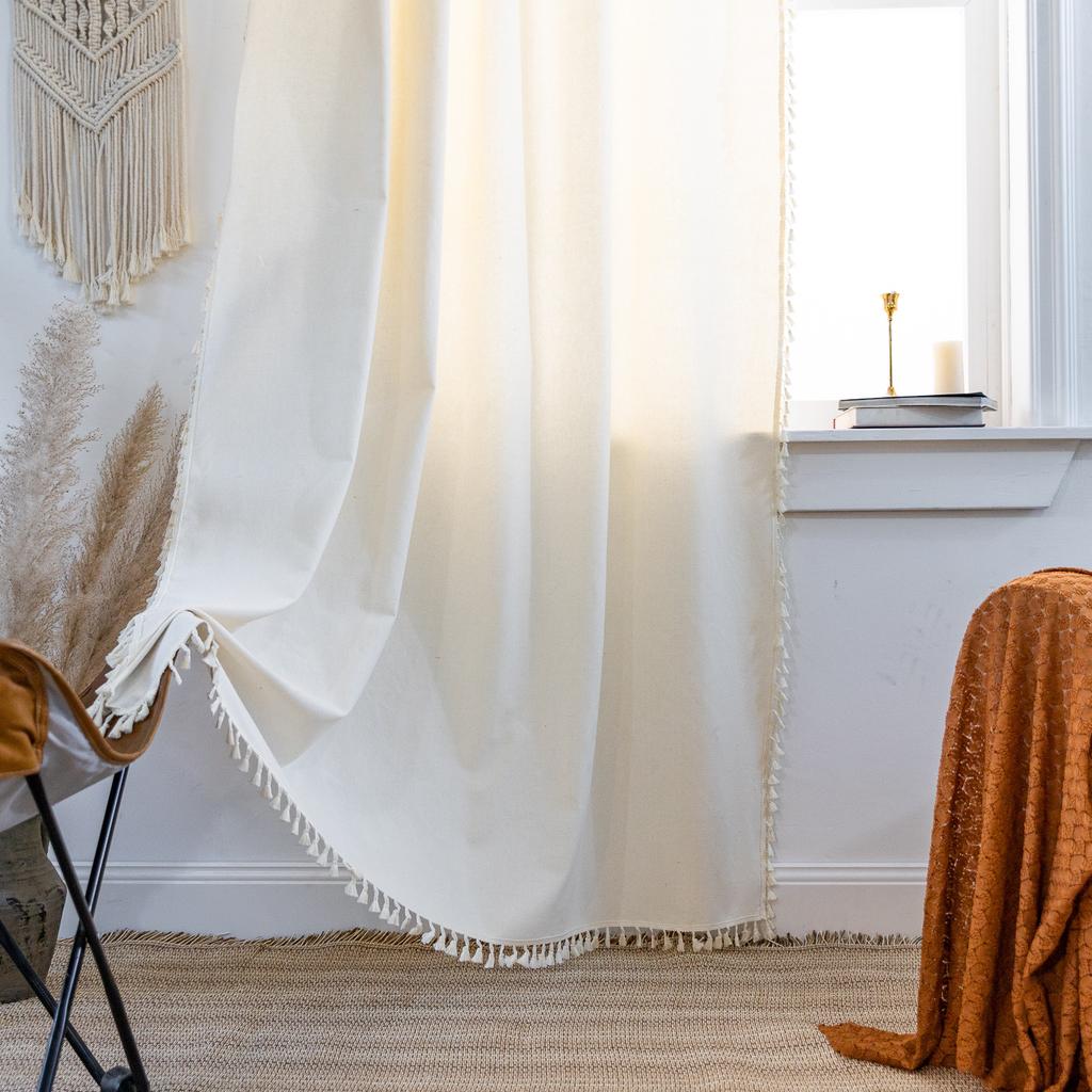 Curtain Finished Solid Color Cotton And Linen Fringed Semi-Blackout American Kitchen Floating Curtains Direct Supply