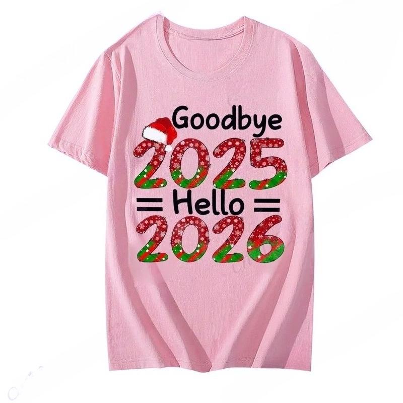 Goodbye 2025 Hello 2026 T-Shirts for Women Happy New Year 2026 Crew T-Shirts Christmas Family Party Outfit Unisex Xmas Tops Gift