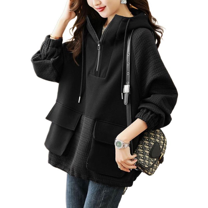 2025 Autumn Korean Style Color Block Hooded Zip-Up Slimming Sweatshirt for Women