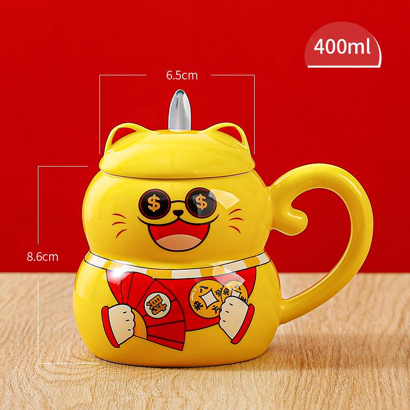 Radostný hrnek Super roztomilý zvířecí kreslený keramický pohár na vodu Velký průměr Kočka pro štěstí Dámský kancelářský hrnek na kávu s víčkem
