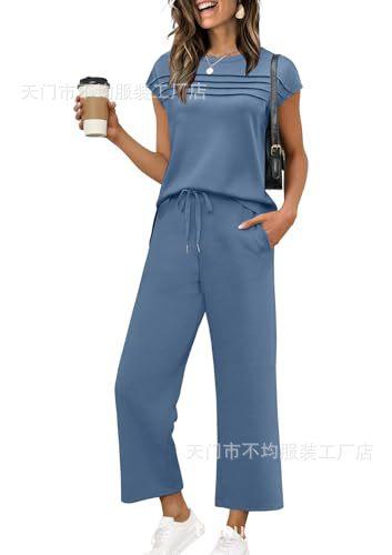 European and American women's clothing is popular, spring and summer knitted short-sleeved wide-leg pants casual two-piece set