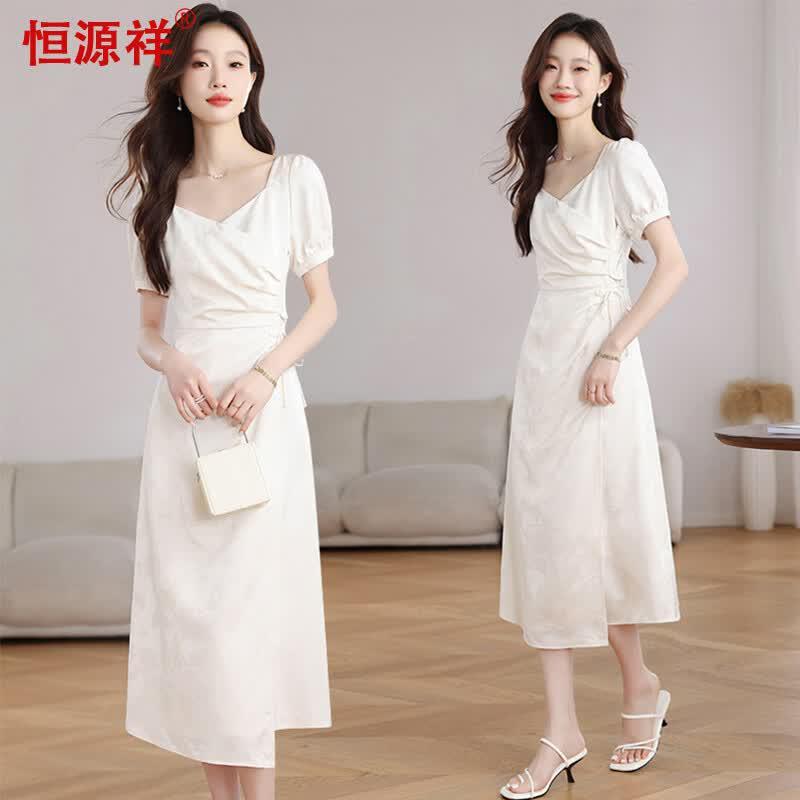 Hengyuanxiang Elegant Draped Asymmetrical Hem Midi Dress S (155/82A)